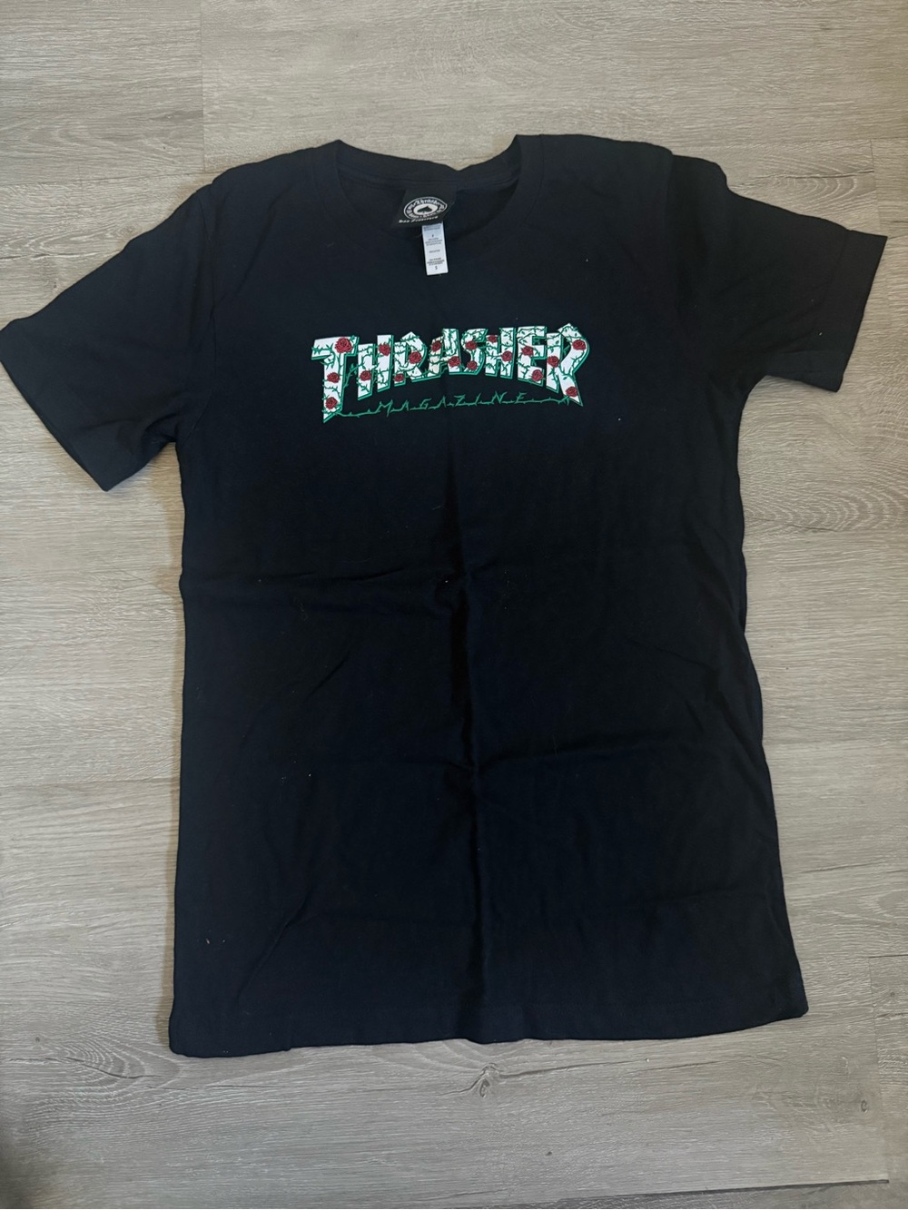 Thrasher Black Tee with Red & Green Rose Graphic